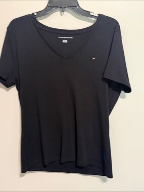 Tommy Hilfiger Black V-Neck Short Sleeve Tee with Flag Logo